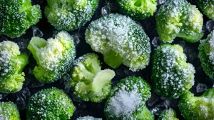 Close up of frozen broccoli florets.