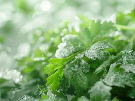 Close up of frozen green parsley preserved on the table for storage.