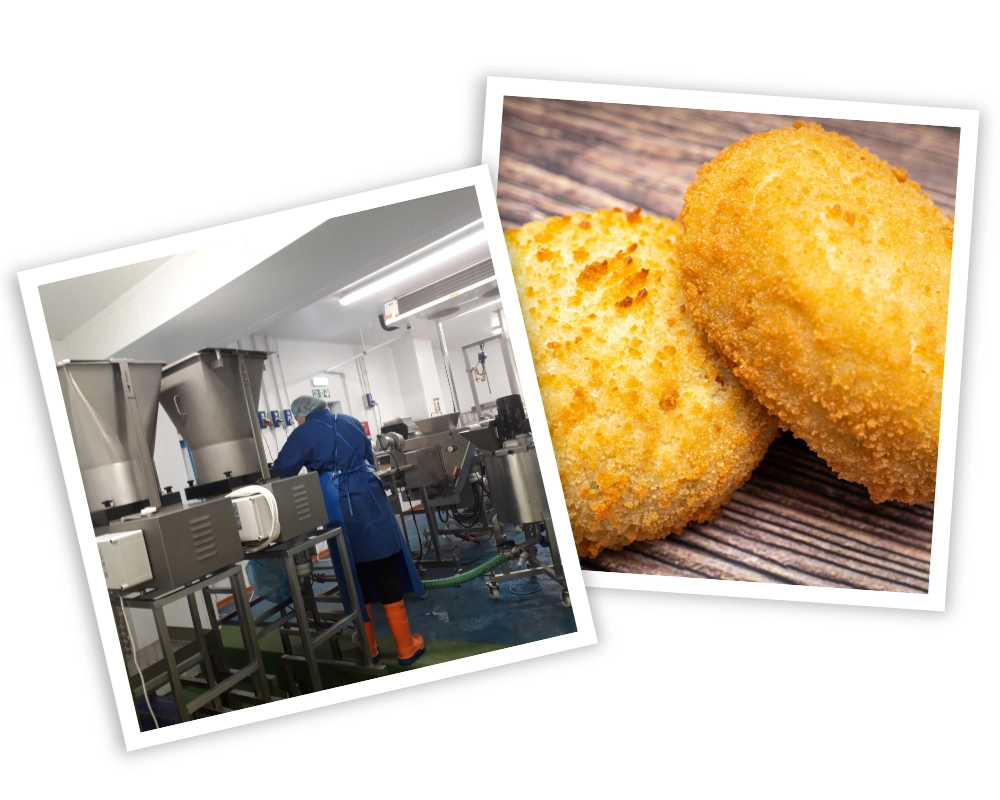 A montage of worker in a fishcake factory and some fishcakes.