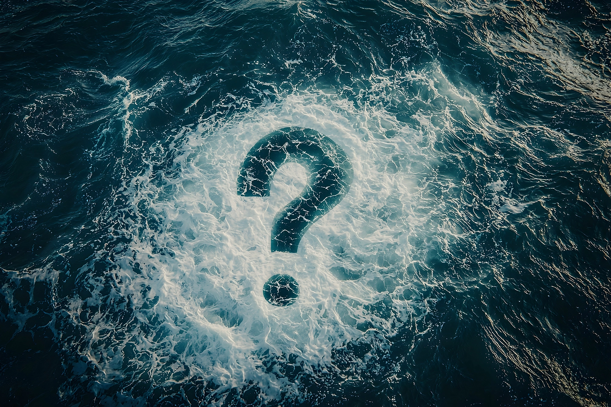 Question mark superimposed over a choppy sea.